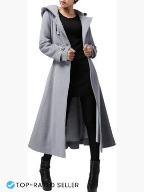 Long Double Breasted Hooded Wool Trench Coat Winter Warm Windproof